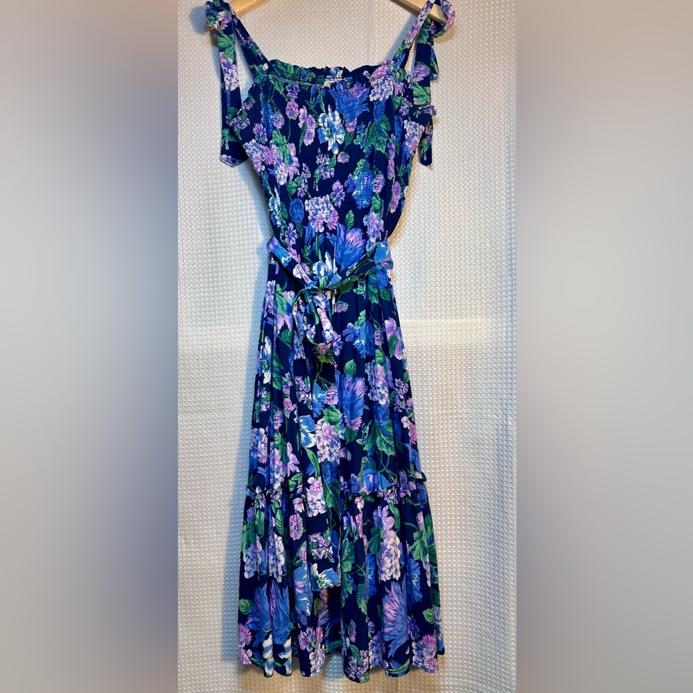 J. Crew Navy Floral Midi Dress with Purple & Green Print